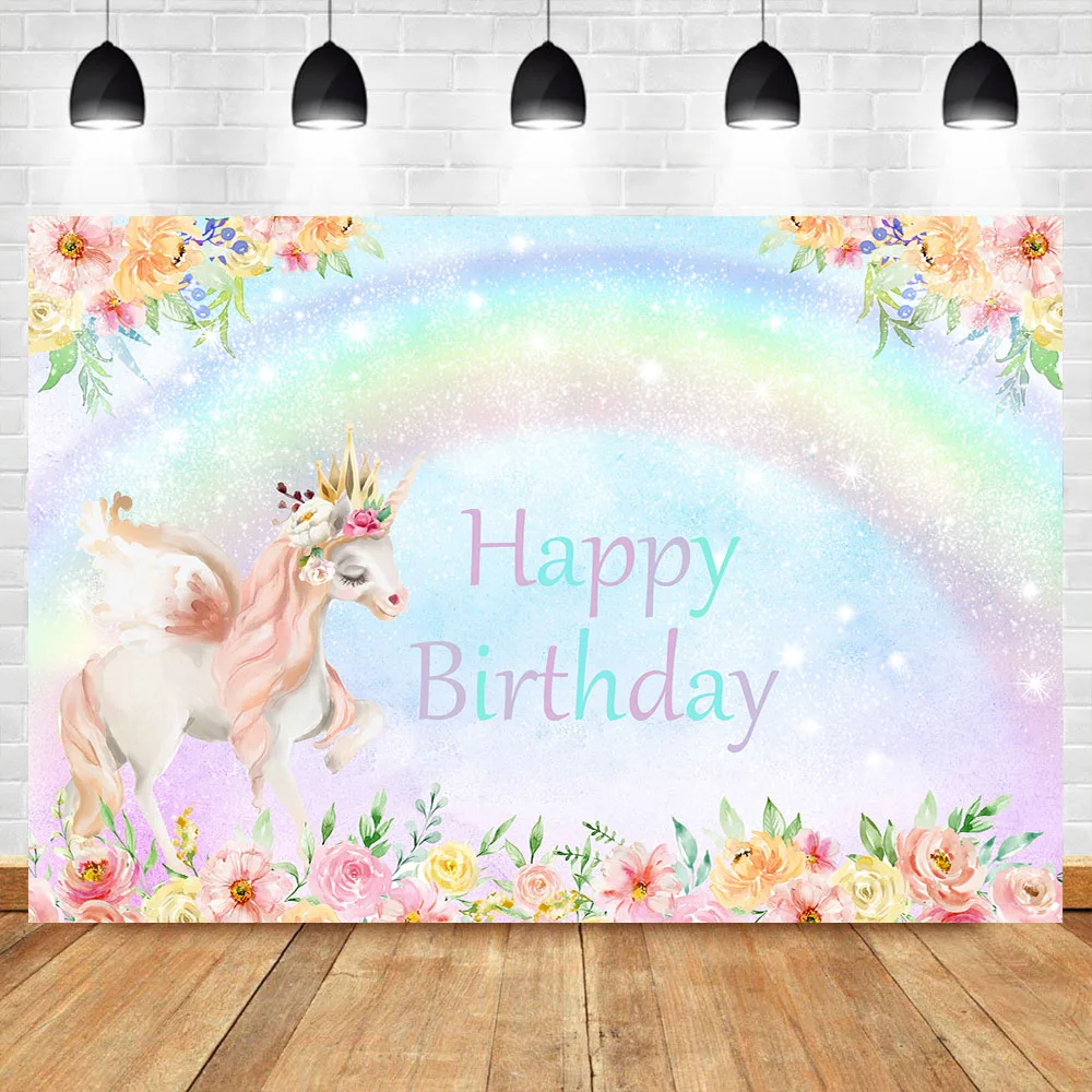 

NeoBack Unicorn Backdrop Saddle Up Flower Rainbown Birthday Party Photo Background Photophone Nowborn Girl Baby Photo Backdrops