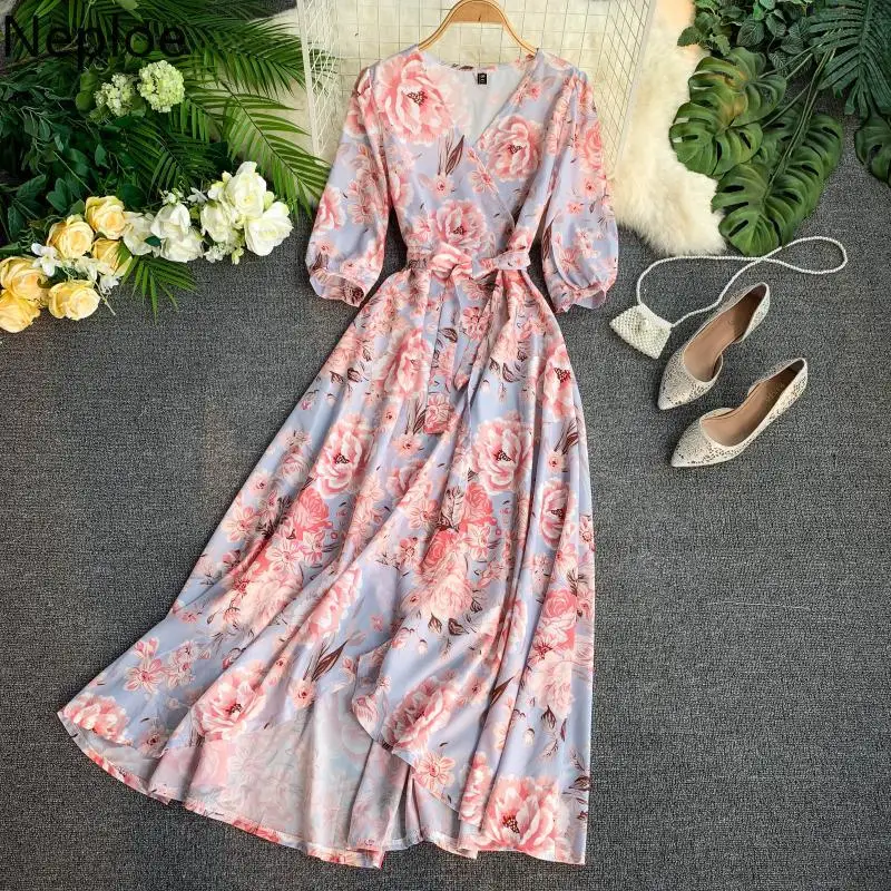 

Neploe Elegant Women Dresses New V-Neck Puff Sleeve Vestidos Irregualr French Drawstring Mid-Calf Length Dress 43688