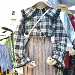 Корейская осень плед Для женщин зеленые рубашки 2018 Новый Harajuku моды с длинным рукавом Питер Пэн CollarFemale льняные блузки универсальные Топы