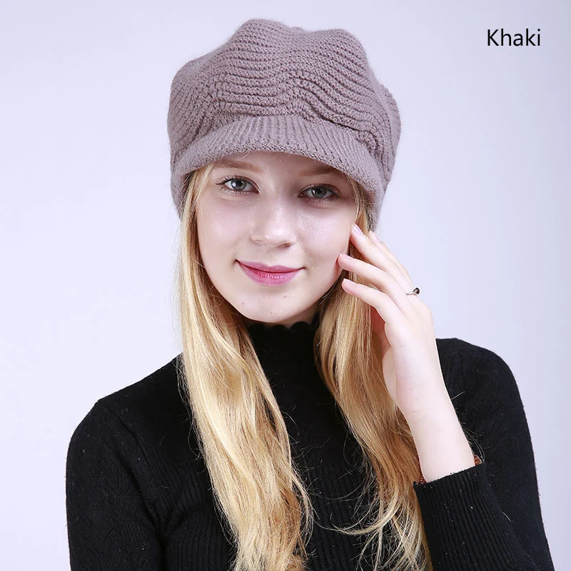 Элегантная женская зимняя шапка, теплая вязаная шапка для женщин, осенняя зимняя Дамская мода, восьмиугольные шляпы, одноцветные береты, шапки - Цвет: khaki