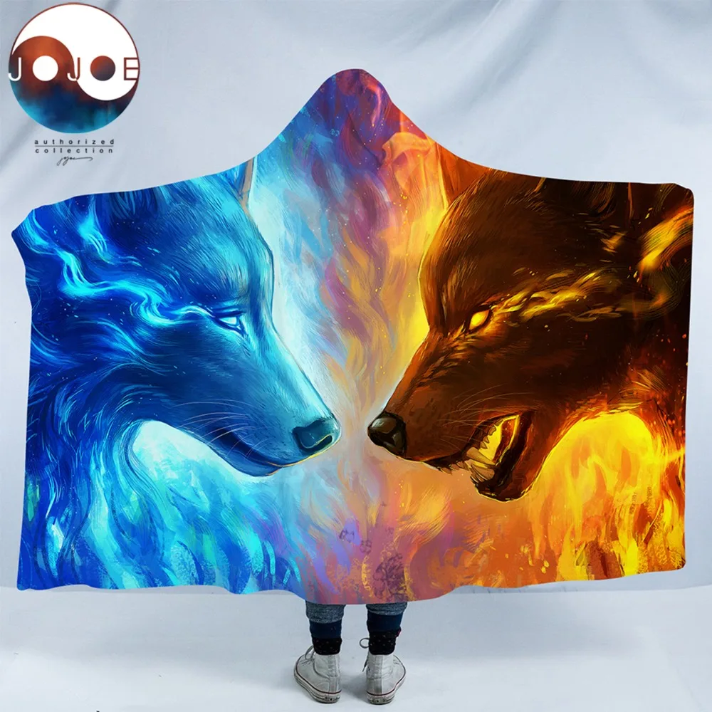 JoJoesArt одеяло с капюшоном 3d волки для взрослых ледяной огонь Шерпа флис носимое пледы одеяло микрофибра 150x200 см синий волк