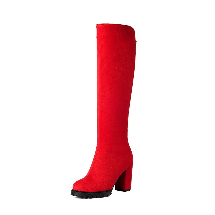 QUTAA/ г. Черные сапоги до колена из pu искусственной кожи на высоком квадратном каблуке Женская обувь элегантные мотоботы ботинки на шнуровке размер 34-43 - Цвет: Красный