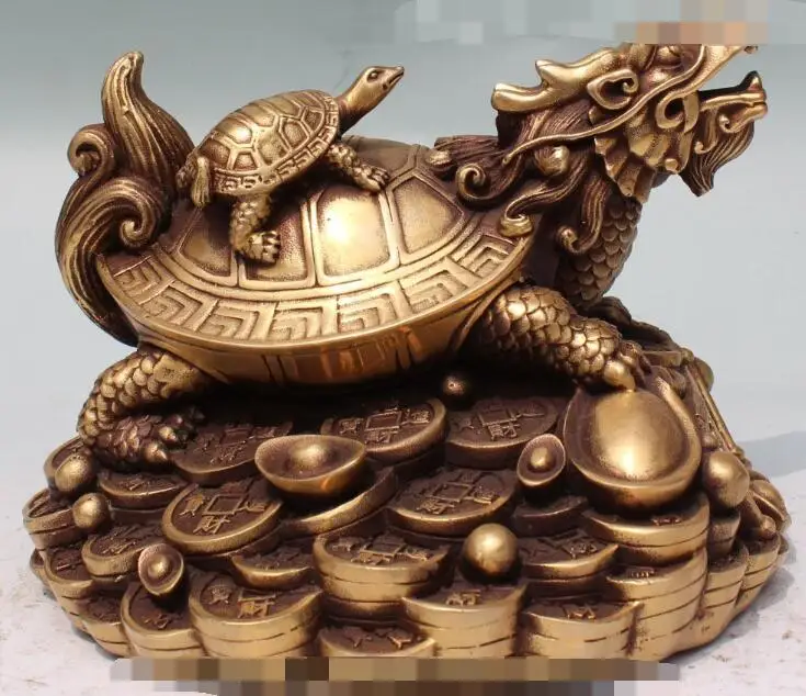 

S00922 8" Chinese Bronze Fengshui Wealth Money Yuanbao Dragon tortoise Turtle Statue B0403