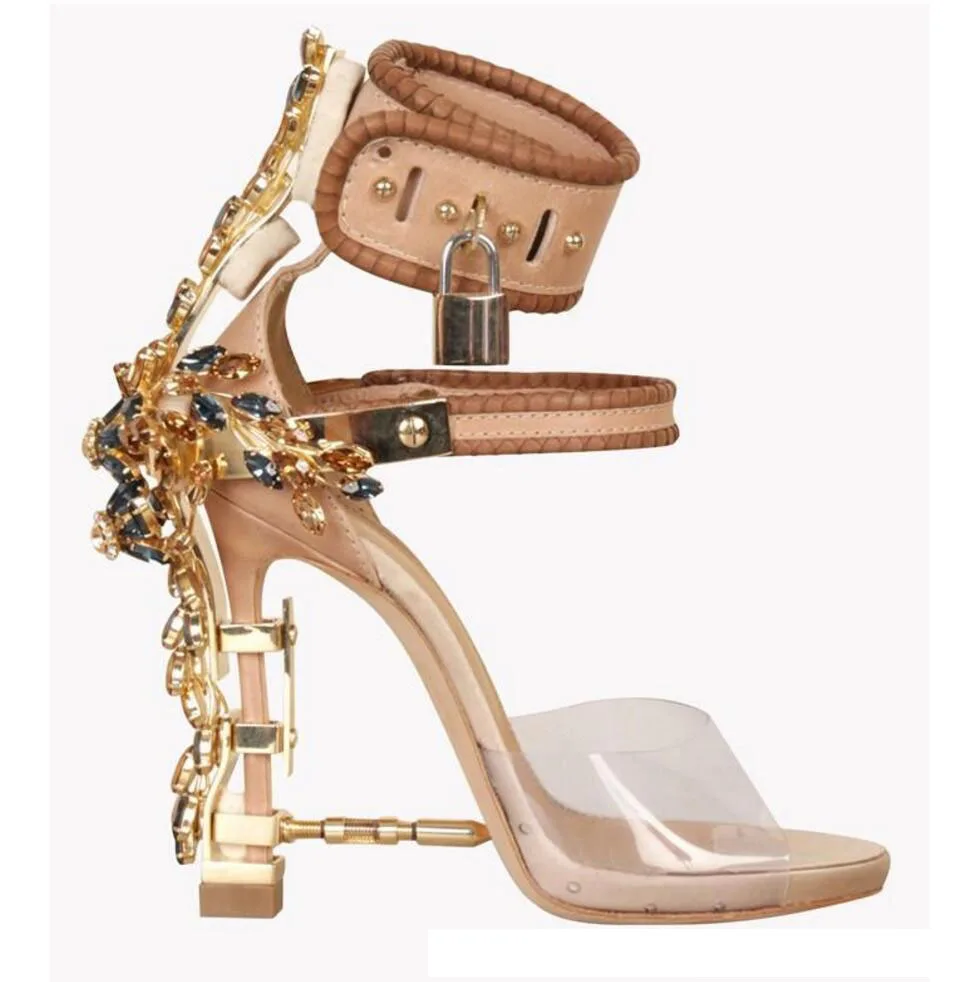 Summer Luxury Strange Heel Crystal Designer Shoes Woman PVC High Heel Sandals 2017 Padlock Ankle Strap Rhinestone Sandals Summer Luxury Strange Heel Crystal Designer Shoes Woman PVC High Heel Sandals 2017 Padlock Ankle Strap Rhinestone Sandals