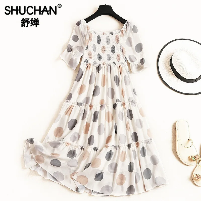 

Shuchan Summer Dress Fit and Flare Sweet Chiffon Knee-Length Short Sleeve Polka Dot New 2019 Fashion Dresses Women Short Sleeve