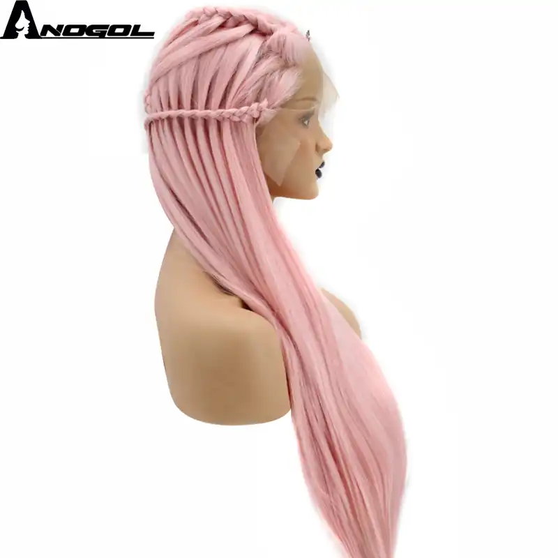 Anogol Hand Tied Braided Long Straight Platinum Blonde Pink Silver