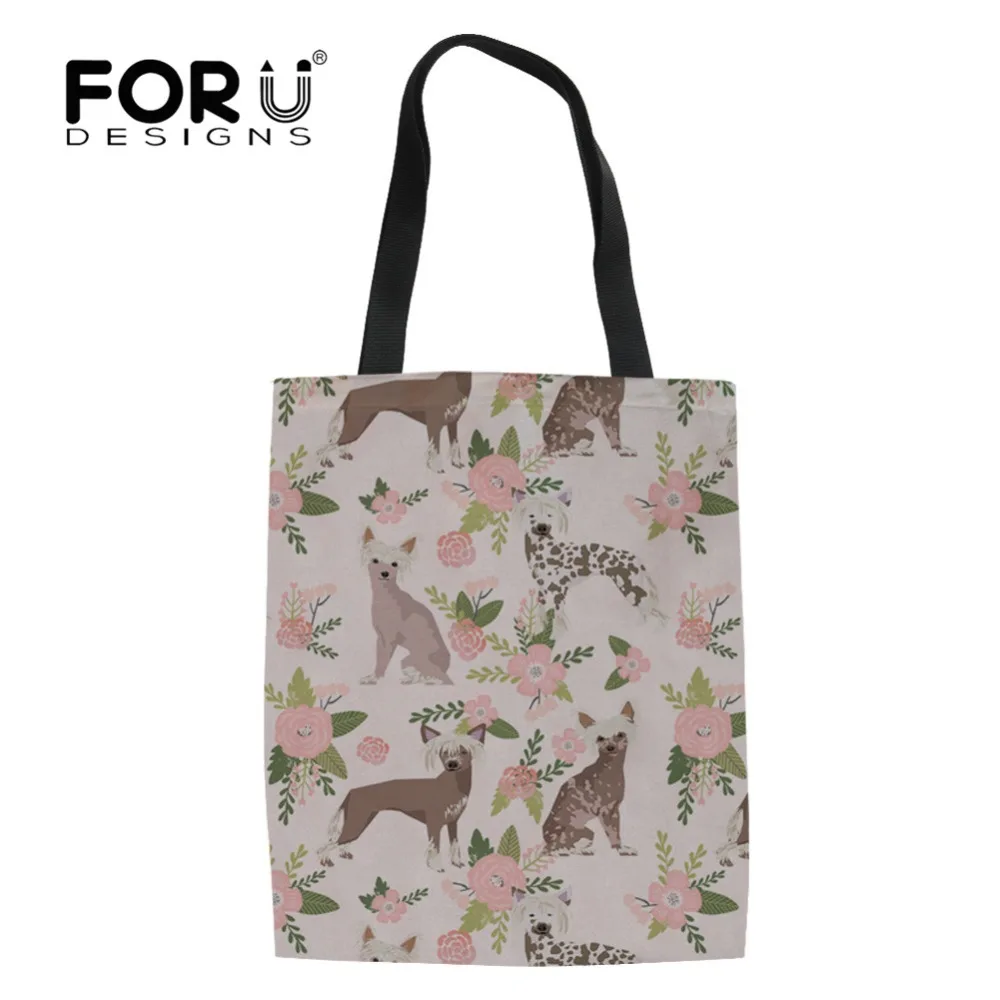 

FORUDESIGNS Chinese Crested Printing Large Reusable Shopping Bag for Women Girls Casual Totes Canvas Bag Eco Foldable Handbag