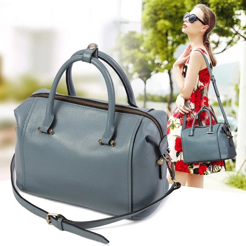 

Fashion Soft Genuine Leather Pillow Shape Handbag Lady Leisure Travel Cow Leather Zipper Shoulder Messenger Bag for Friend Gifts