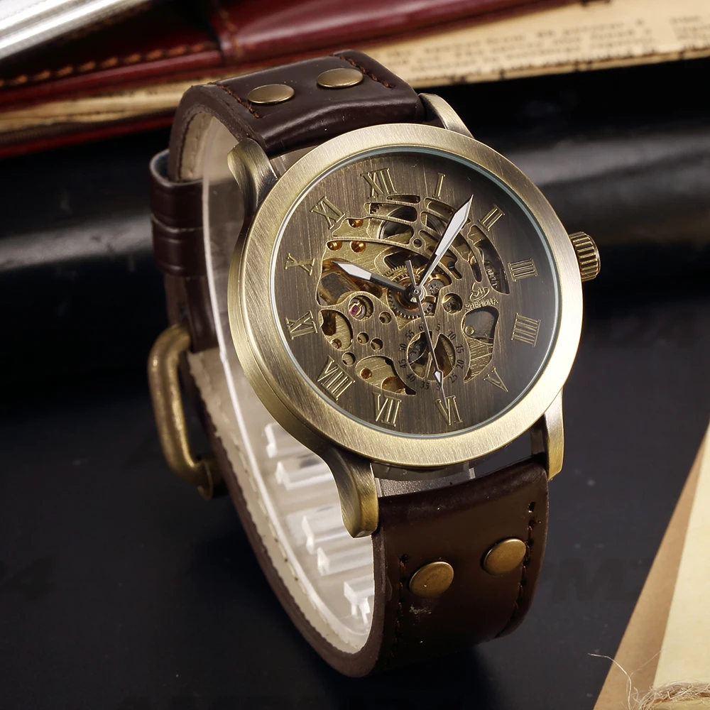 SHENHUA Vintage Design Male Clock Skeleton Dial Relogios Auto Mechanical Men's Wrist Watches Casual horloges mannen