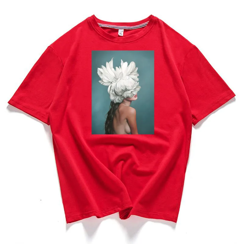 95% Хлопковая женская футболка с цветочным принтом и перьями, летняя футболка с коротким рукавом и круглым вырезом, футболка с принтом Харадзюку, Повседневная модная женская футболка - Цвет: H1