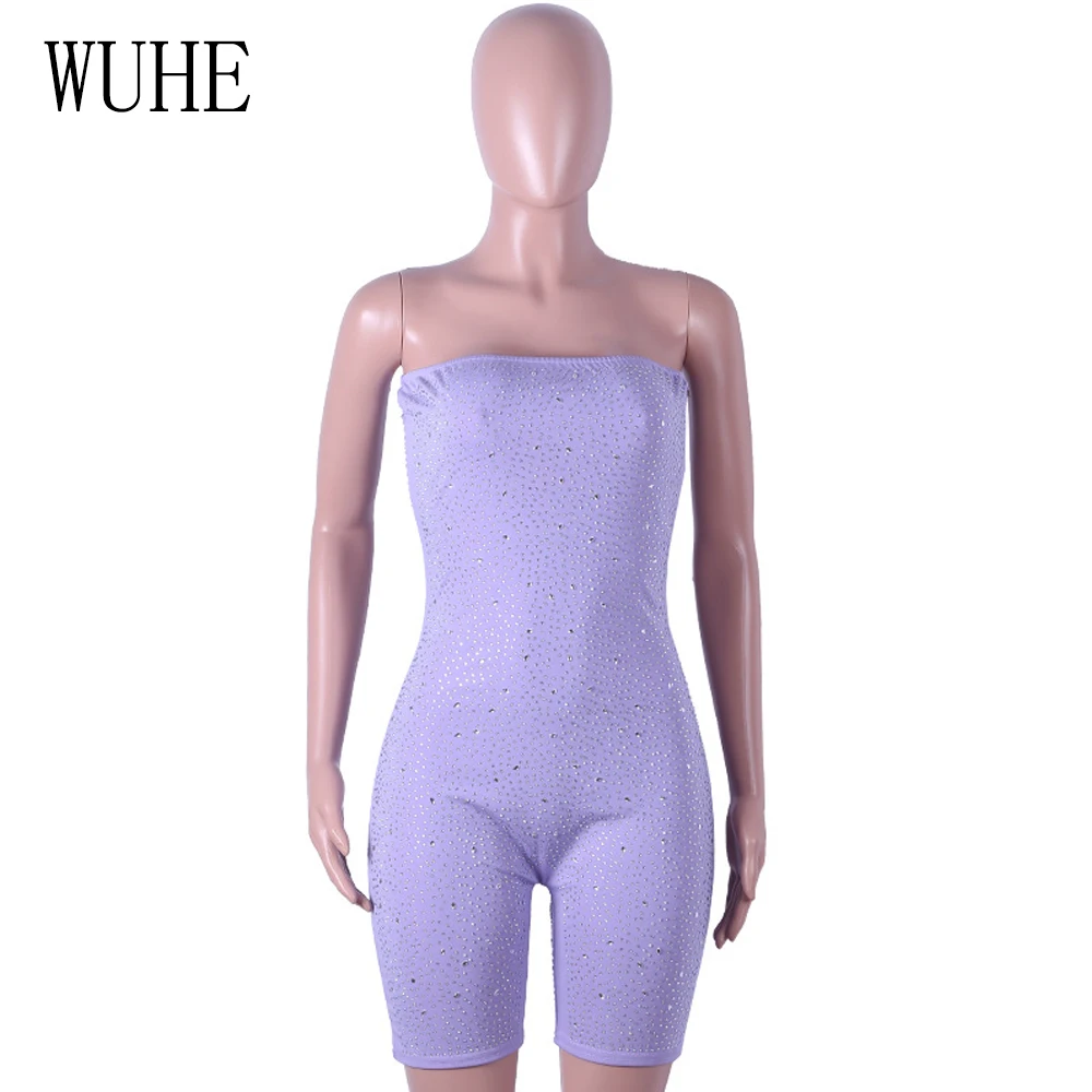 WUHE Rhinestone Diamonds Jumpsuit Sleeveless Off Shoulder Club Party Playsuit One Piece Bodysuit Backless Women Romper Overalls