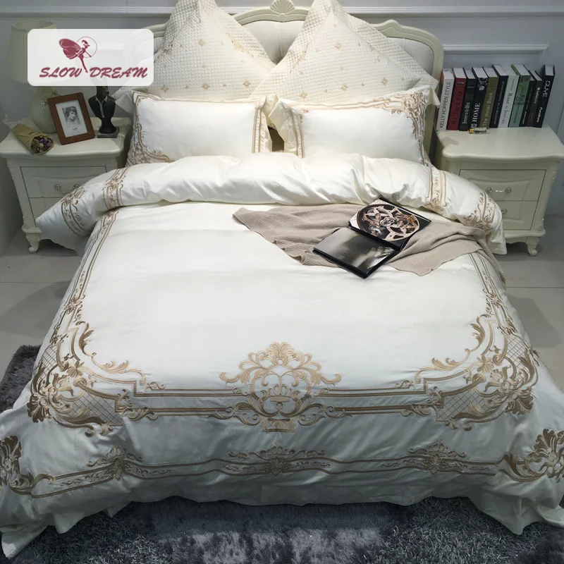 

SlowDream European Luxury Embroidery Palace Bedding Set Blue Comfort Duvet Cover Set 100% Cotton Bed Set With Flat Sheet 4Pcs