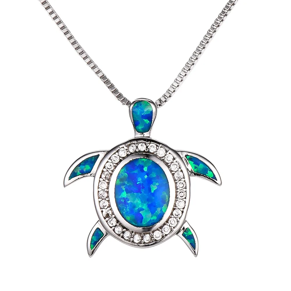 Baratos Hermosa nueva llegada ópalo australiano 925 Plata de Ley Birthstone Charms mar tortuga colgante collar de cadena para niñas