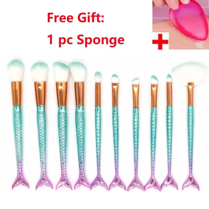 

7/10 pcs Mermaid Makeup Brushes Rainbow Powder Foundation Make-up Brushes Contour Blending Cosmetic Brush + SiliSponge