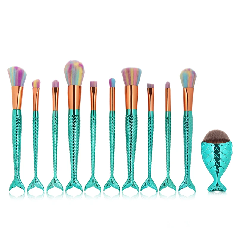 

10/11 Pcs Mermaid Makeup Brushes Set Power Foundation Blending Eye Shadow Contour Concealer Blush Face Make Up Brush Beauty Kit