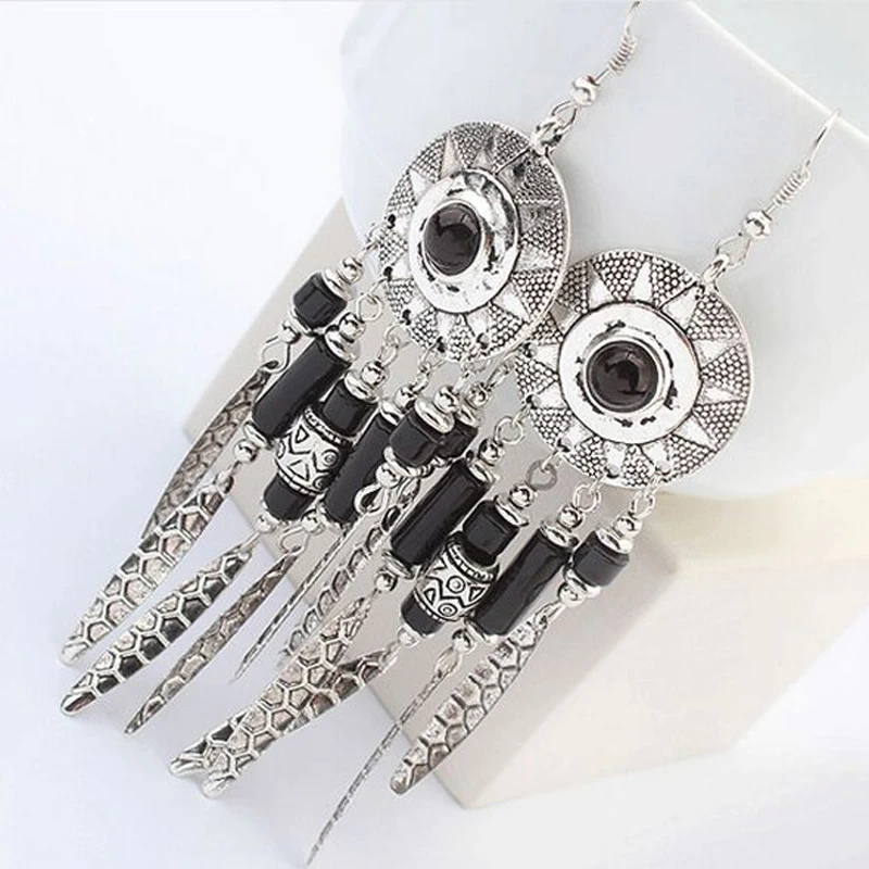 

Women Bohemian Exaggerated Long Tassel Beads Drop Earrings Blue Black Engraved Alloy Big Dangle Earrings Personality Earrings