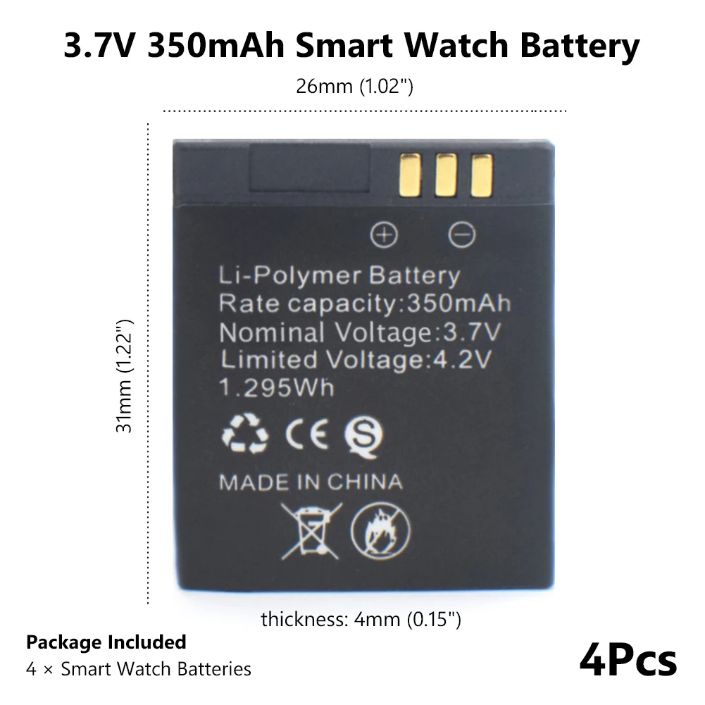 4 шт. 3,7 в 31x26x4 мм 350 мАч запасной литий-полимерный литий-ионный аккумулятор подходит только для GT08 Smart Watch