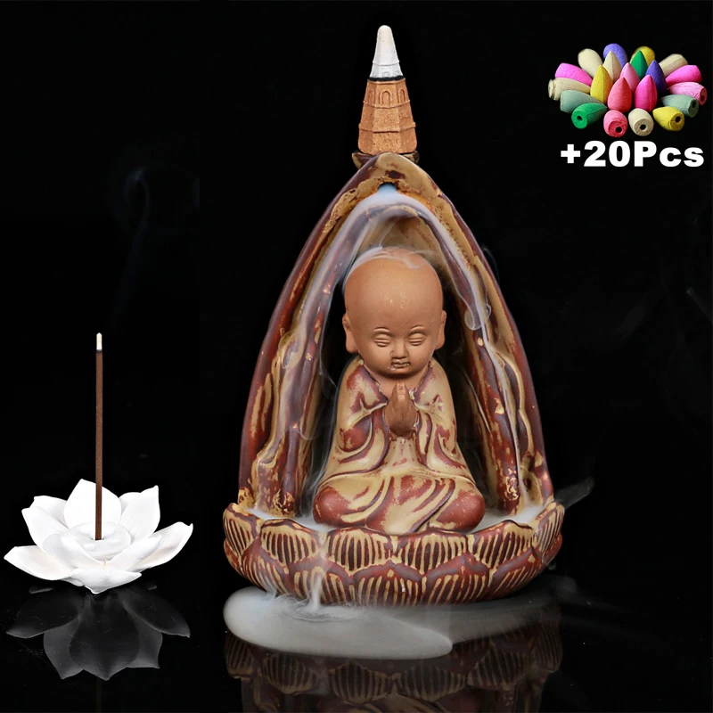 

20 Incense Cones Zen Monk Backflow Incense Burner Lotus Stick Incense Holder Creative Decoration Micro Landscape Yoga Ornament