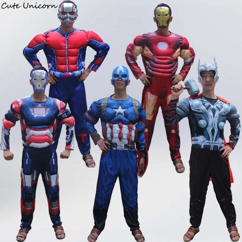 

Superhero Batman Ironman Antman adults Muscle Jumpsuits Mask Avengers Superman Spiderman Captain Onesies mens Cosplay Costume