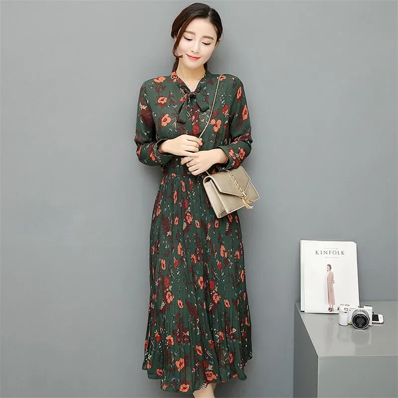 

Autumn Winter Chiffon Sweet Dress 2019 New Fashion Preppy Style Pleated Floral Dress Girls Bow O-neck Dress Woman Large Size