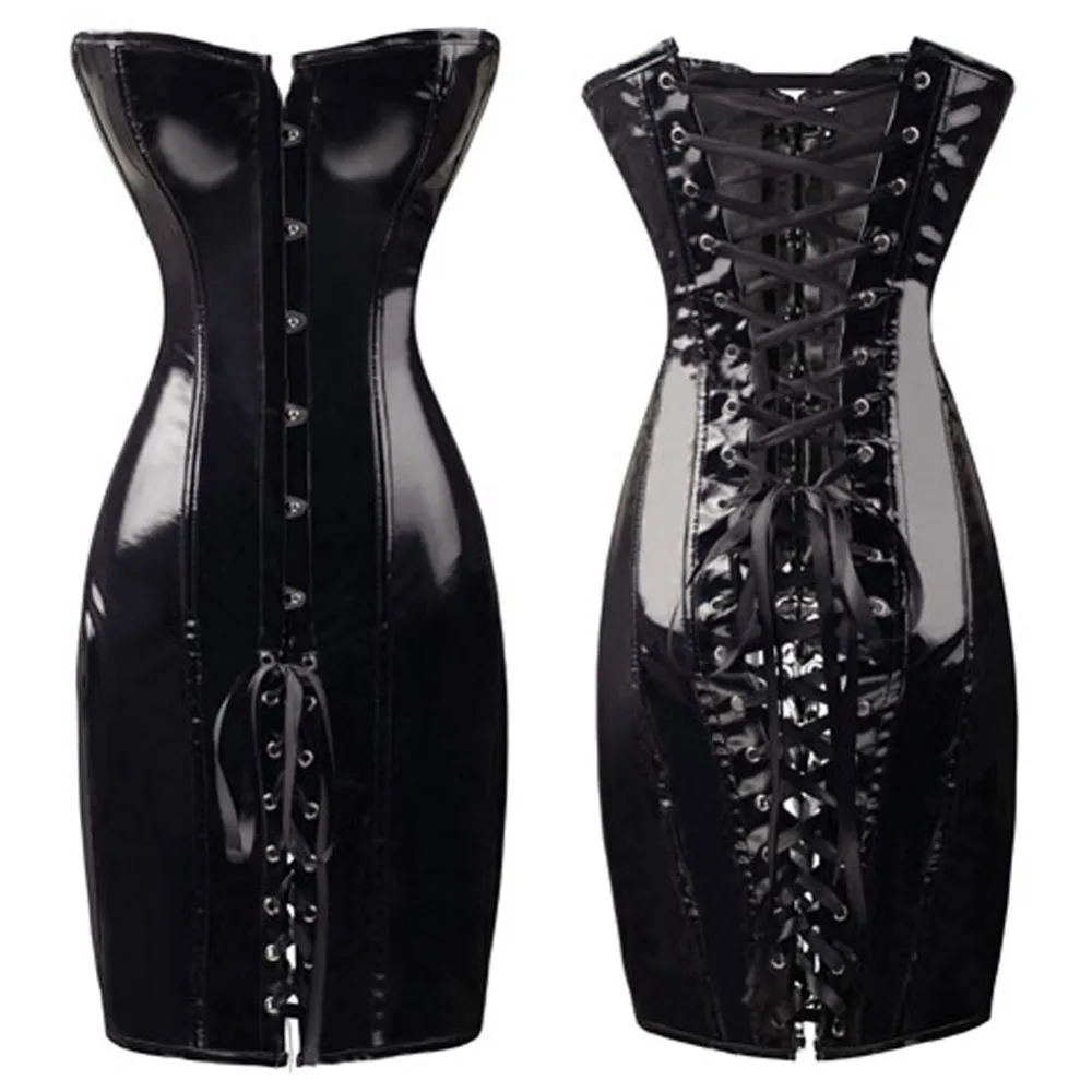 FeelinGirl 2018 Black Long Leather Corset Sexy Gothic Corset Dress Shiny PVC Leather Boned Bustier top Lace Clubwear Corselet -B