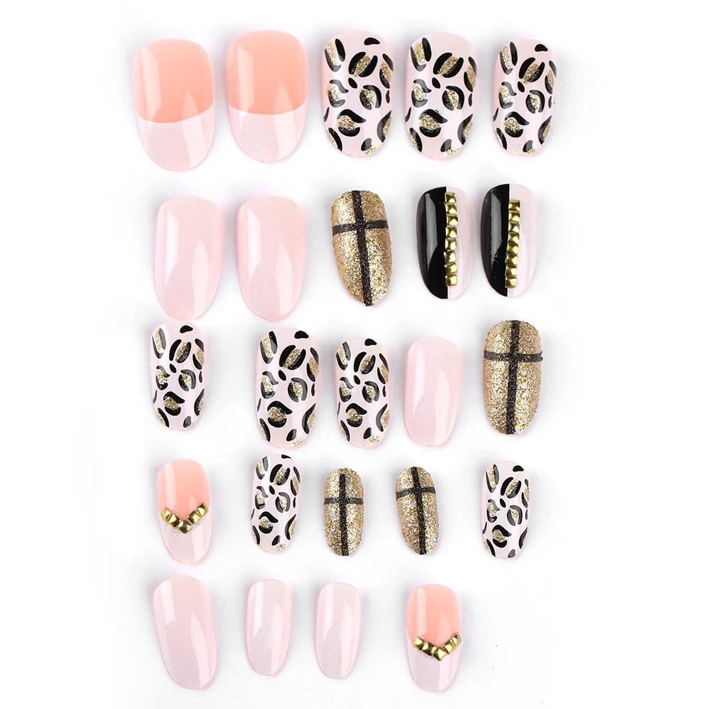 

24PCs/SET Leopard False Nails With Flash Powder Metal Nail Tips Full Cover Design Fake Nails With Glue Sticker Mancure Art