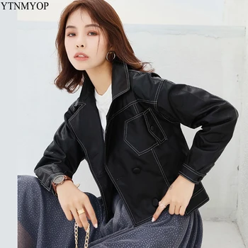 

YTNMYOP Loose Causal Pockets Women Leather Jackets Plus Sizes Faux Leather Black Leather Clothing Turn-down Collar Suede Female