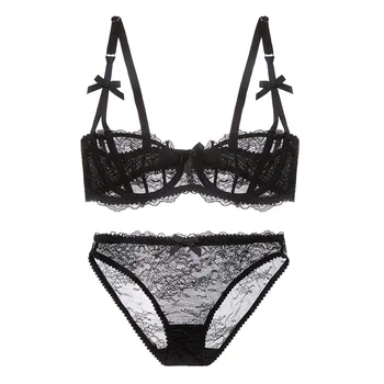 

Sexy Lace Bra Sets Underwear Women 3/4 Cup Ultra-thin Transparent Push Up Bra Brief Set Bowknot Sexy Lingerie Set Black White