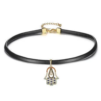 

2019 New AAA Cubic Zirconia Gold Color Lucky Hand Hamsa Charm Pendant Necklaces For Women Black Leather Rope Choker Necklace