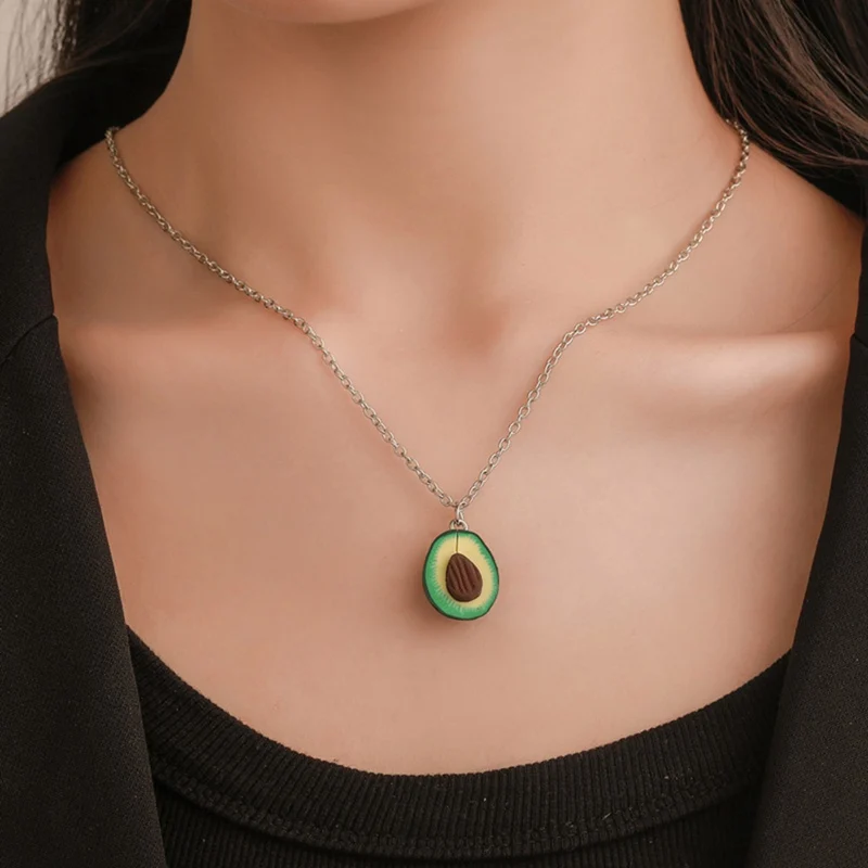 

Soft Pottery Cute Avocado Shape Pendant Necklace For Women Heart Fruit Avocado Long Chain Necklace Party Jewelry Couple Gifts
