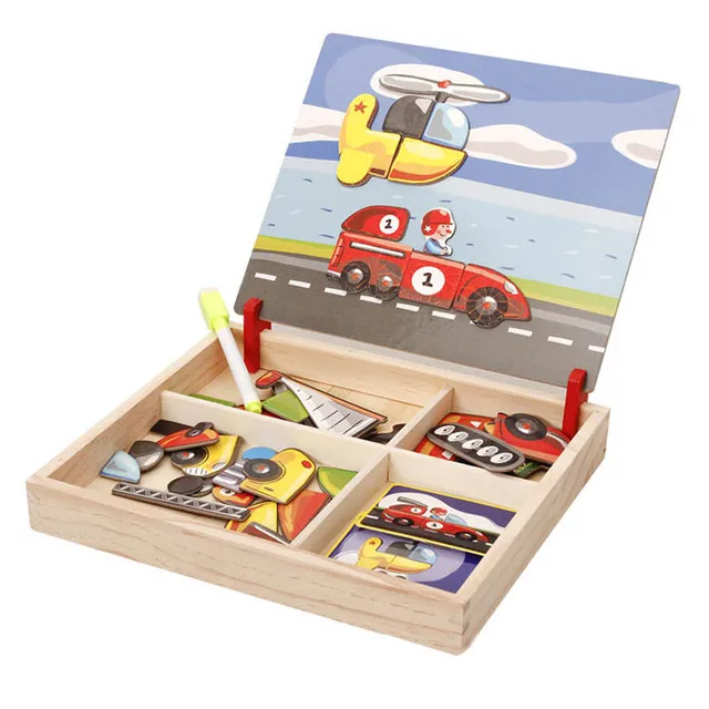 100+Pcs Wooden Magnetic Puzzle Toys Children 3D Puzzle Figure/Animals/ Vehicle /Circus Drawing Board Learning Wood Toys Gifts 6