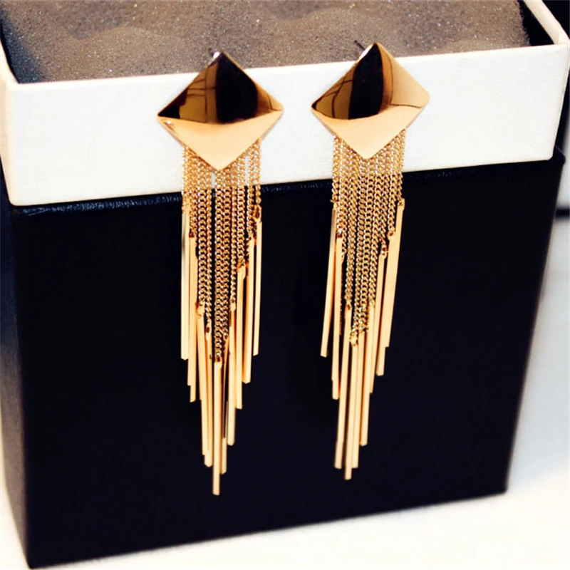 Statement Smooth Metal Tassel Long Earrings Gold Silver Dangle Earring