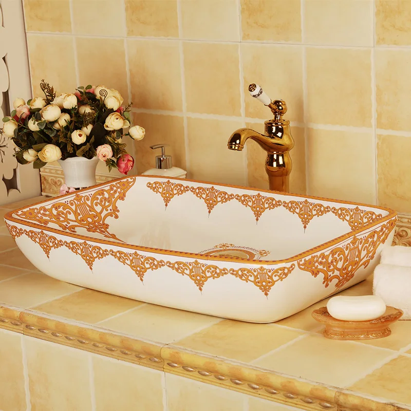 Europe Vintage Style Ceramic Art Basin Sinks Counter Top Wash Basin Bathroom Vessel Sinks Vanities hand washing sink rectangle (6)