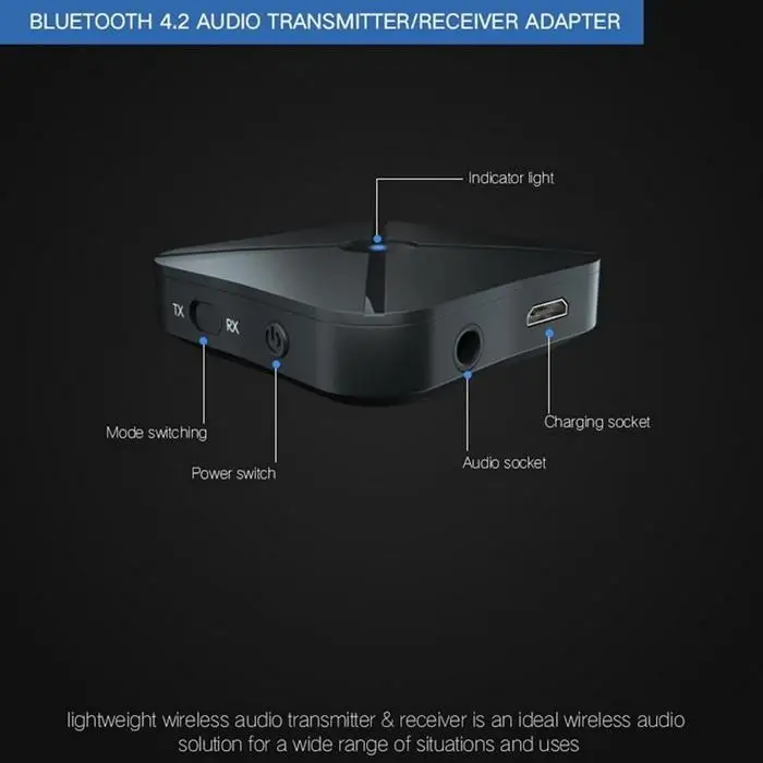 2 in 1 Wireless Bluetooth 4.2 Audio Transmitter Receiver Li-Polymer(200mAh) Car hours Music Adapter