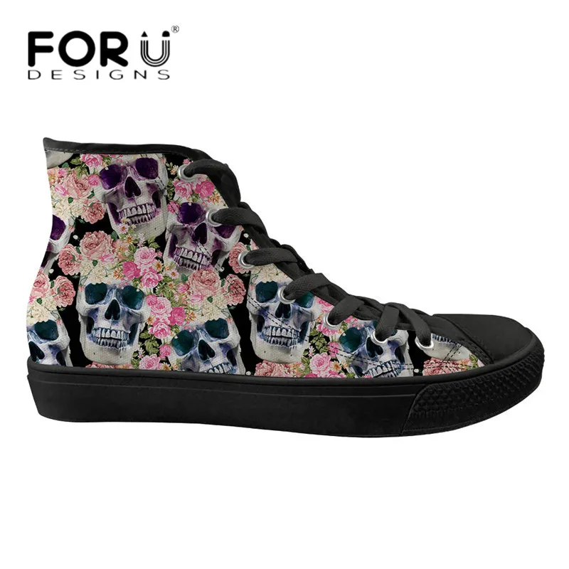 

FORUDESIGNS Casual Flats Sneakers Women Floral Punk Skulls Printing High Top Canvas Shoes Brand Design Women's Vulcanized Shoes