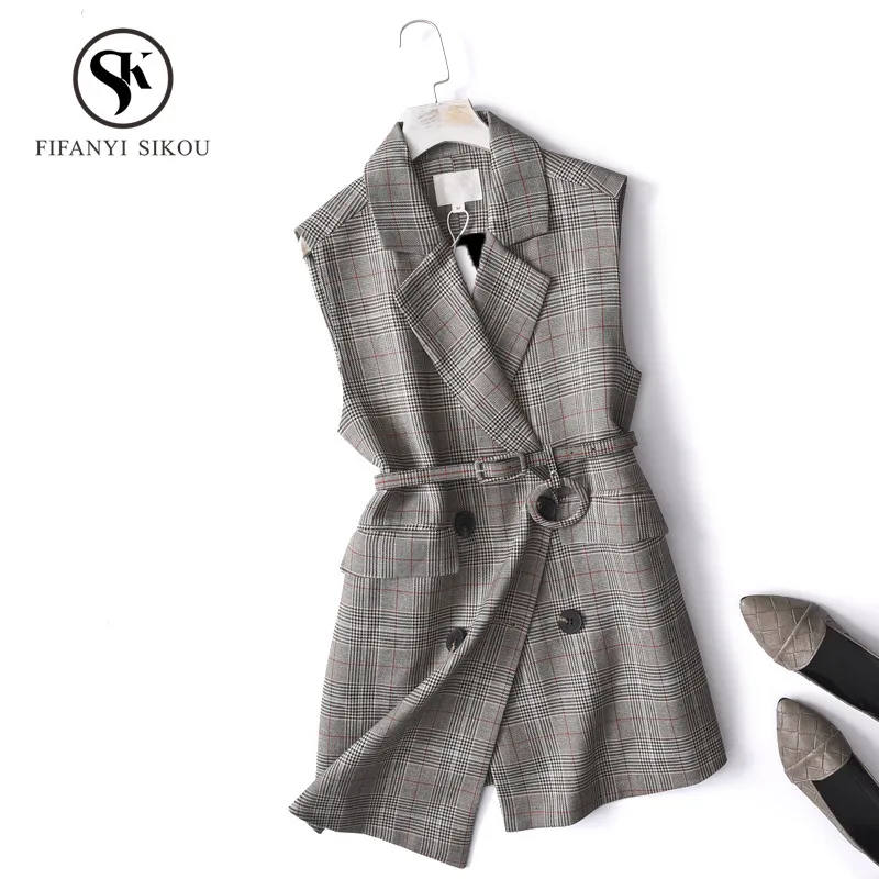 

2019 Spring Plaid Blazer Vest Women Casual Sleeveless Pockets OL Coat Waistcoat Female Double Breasted Outwears High quality