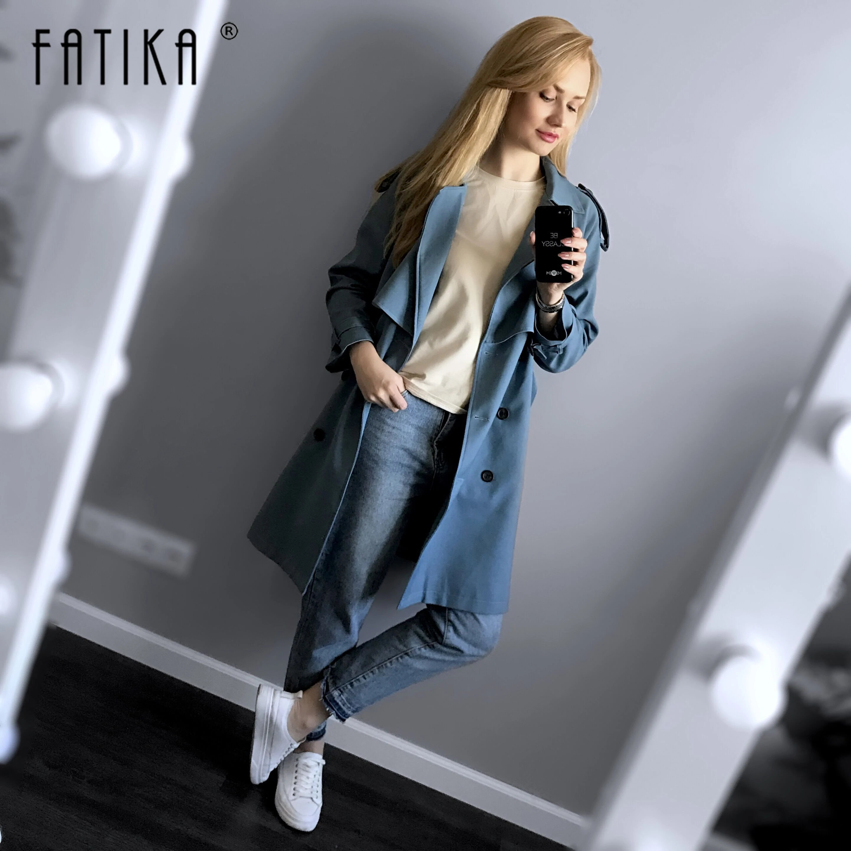 Женский Длинный Тренч FATIKA свободный классический однотонный с поясом и