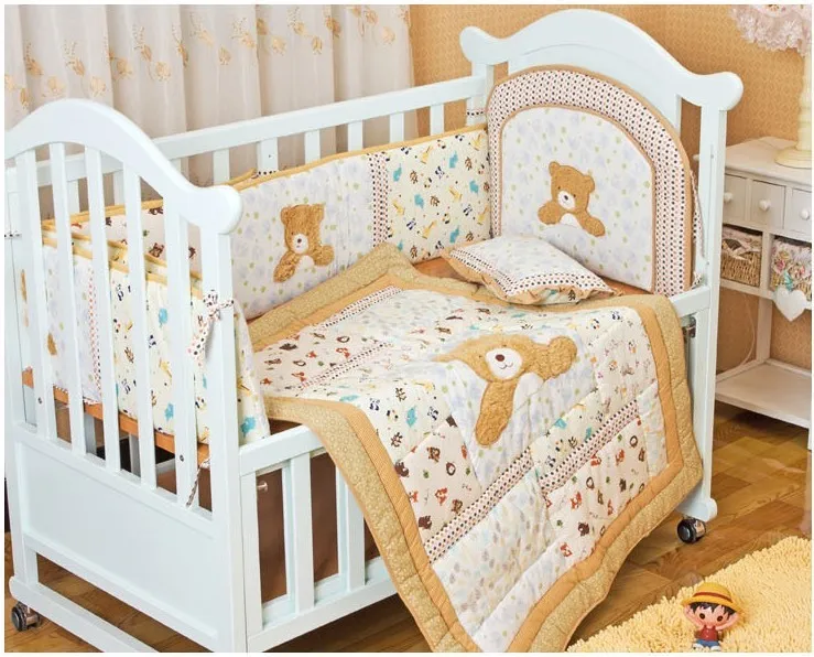 

Promotion! 6PCS embroidered Bear Crib Bedding Set Cotton Detachable Baby Linen Bebe Cot Bed Set,include(4bumper+duvet+pillow)