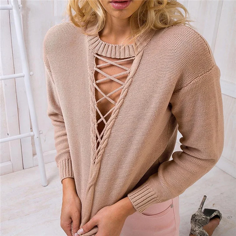 Hollow Out Sweater Women Casual V Neck Long Sleeve Short Jumper Sexy Khaki / Black Pull Femme Lace Up Pullover | Женская одежда
