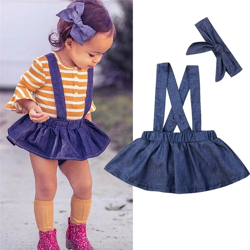 Children Kids Girls Embroidery Denim Shirt Skater Skirts Dress Outfit 2Pcs Set