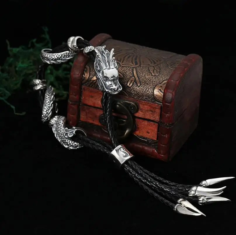 

925 Sterling Silver Dragon Leather Rope Bangle S925 Bracelet Jewelry
