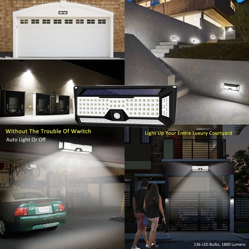 Jardim à Prova Solares ao ar Sensor de Movimento Led para Exterior Solar Nova Ip65 Dwaterproof Água Luzes Livre Pir Lâmpada Lampada 136 Led Luz 14 Solar 136 led nova luz solar ip65