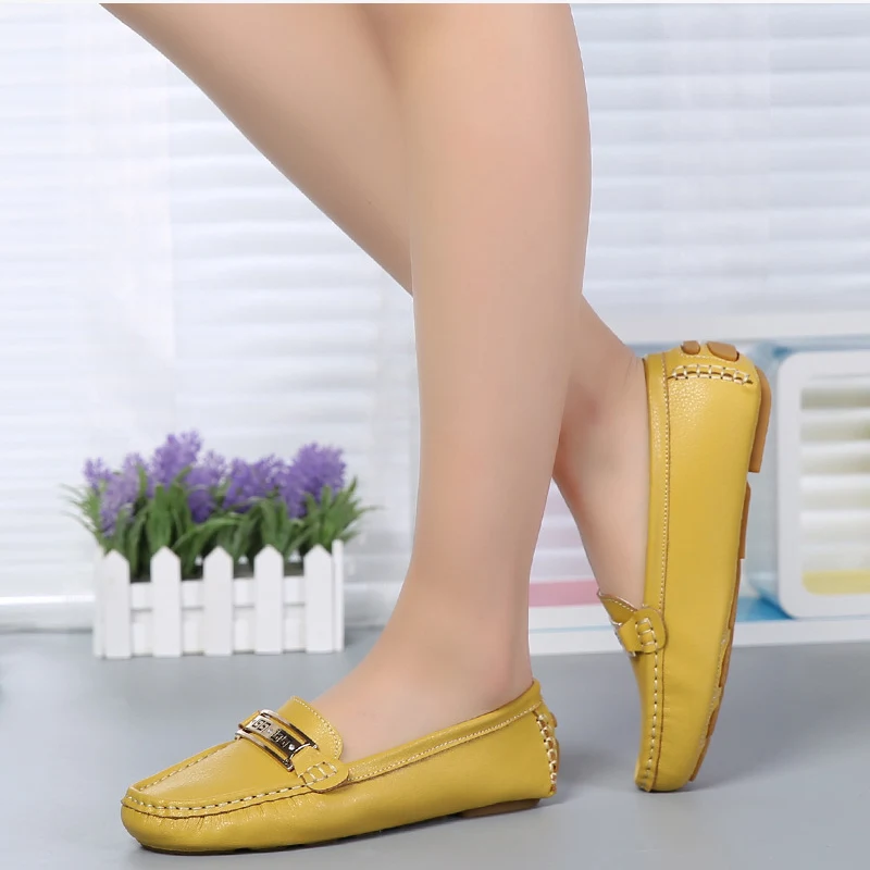 

Women Metal Flat Slip On Genuine Leather Loafers Autumn Ladies Fashion Moccasins Female Sewing Comfortable Bottom Casual Shoes