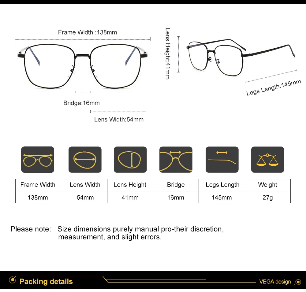 VG238 VEGA Eyeglasses Frames Square Fashionable Glasses Frame women men Alloy Opital Spectacle Frame Clear Lens 238 (9)