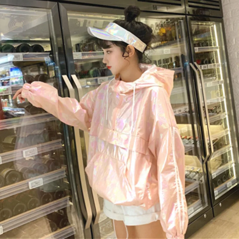 

2019 Fashion Spring Autumn Hooded Pullover Jacket Women Thin Summer Sunscreen Outwear Beige Pink Loose Casual Harajuku Tops
