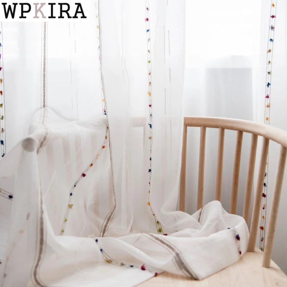 

Embroidered Line Sheer Curtains Dot Japanese And Korean Style Tulle Curtain for Living Room Cortinas Rideaux 263&30