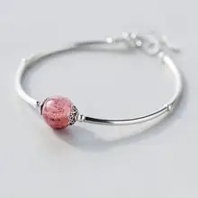 Винтажный настоящий. 925 пробы серебро натуральный розовый клубничный Кристалл Камень Браслет талисманы тонкая манжета Прямая поставка GTLS311