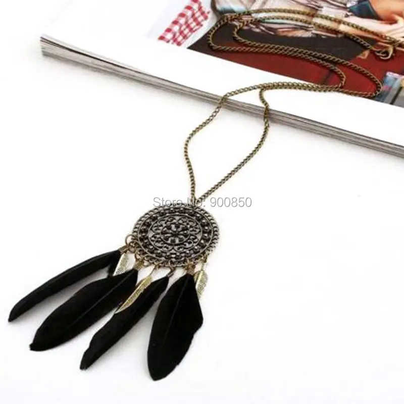 Boho Retro Black Green Feather Pendant Necklace Alloy Chain Coin Ethnic Indian Style Long Sweater Dream Catcher Necklace - Image 5