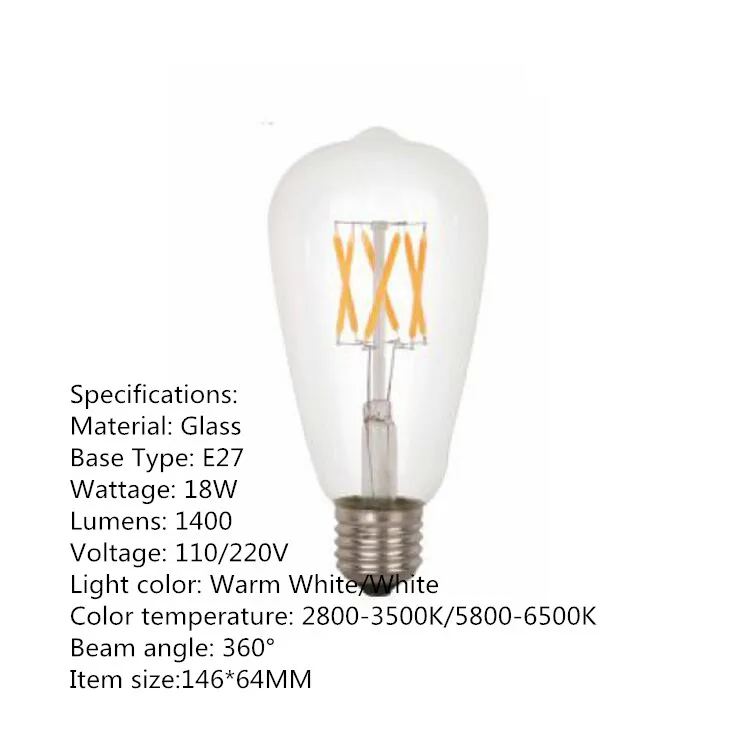 E27 светодиодный светильник лампы ST64 3 Вт, 6 Вт, 9 Вт, 12 Вт, 15 Вт, 18 Вт, 21 Вт старинная лампа накаливания Винтаж Светодиодный лампочки Эдисона
