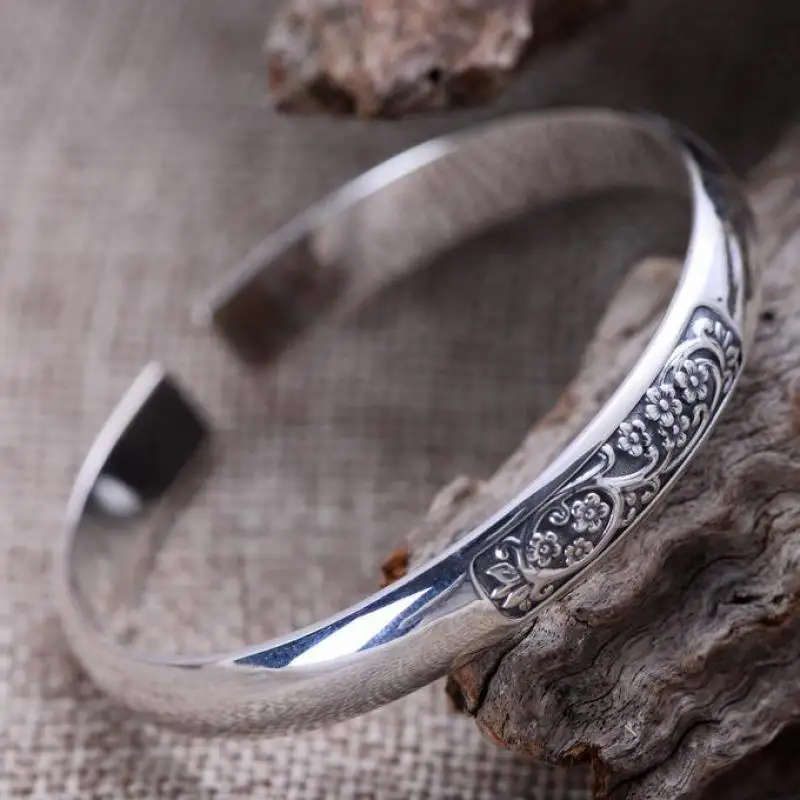 Bracelets & Bangles 999 Sterling Silver Jewelry Open Cuff Bracelets For Women Plum Flower Carving Vintage Style High Quality Bracelets & Bangles 999 Sterling Silver Jewelry Open Cuff Bracelets For Women Plum Flower Carving Vintage Style High Quality